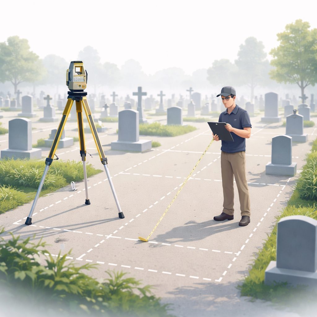A person wearing a cap and sunglasses measuring a grave plot with a tape measure and clipboard in a cemetery with gravestones and a surveying tripod nearby.