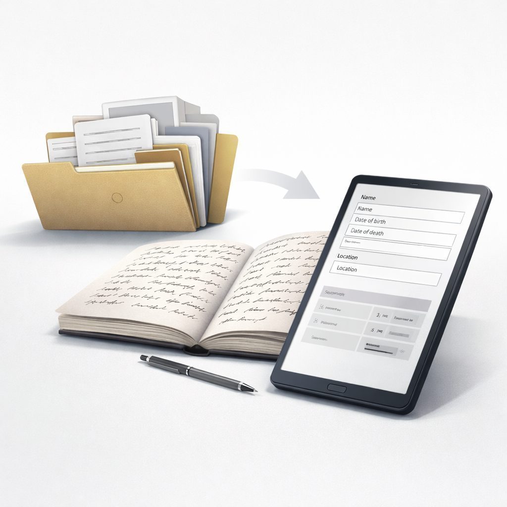 Folder with papers and an open handwritten journal next to a tablet displaying a form for entering name, birth and death dates, and location.