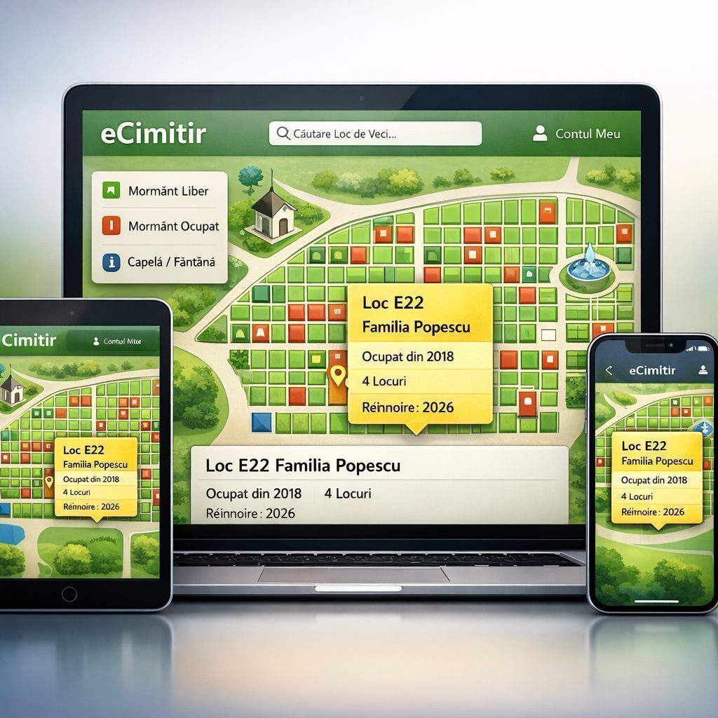 Digital cemetery map interface displayed on laptop, tablet, and smartphone showing plot E22 for Familia Popescu with occupation and renewal details.