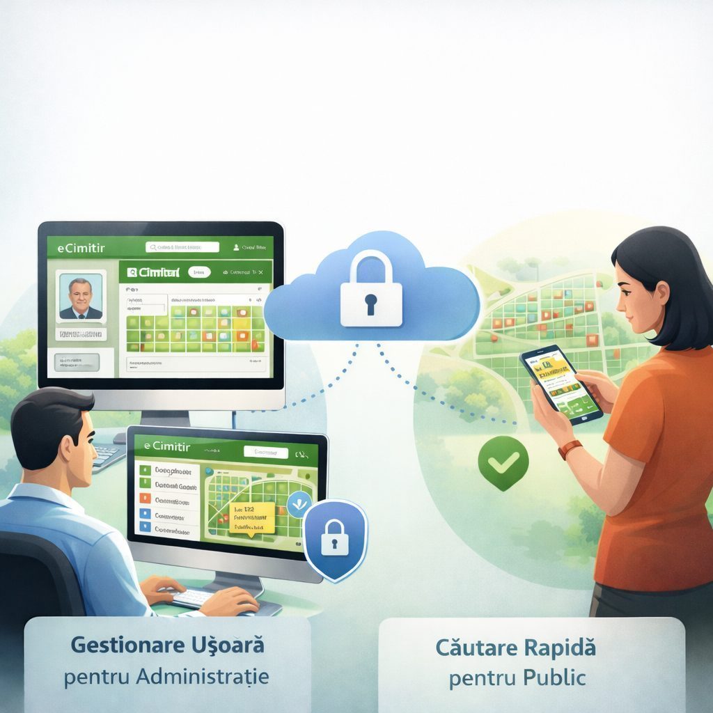 Illustration showing secure cloud-based software connecting a man managing data on two monitors and a woman searching on a phone, labeled 'Gestionare Ușoară pentru Administrație' and 'Căutare Rapidă pentru Public'.