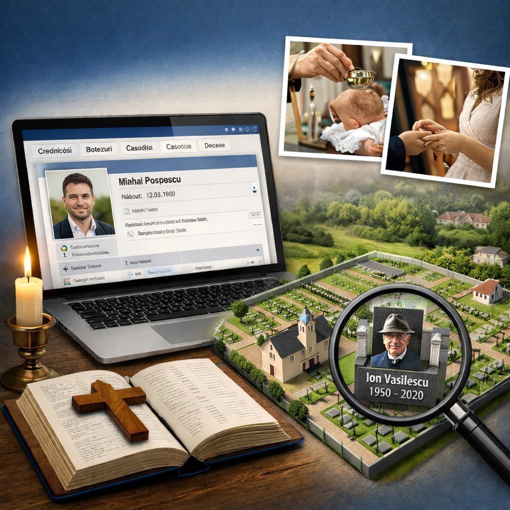A laptop displaying a record for Mihai Pospescu, an open Bible with a wooden cross, a lit candle, and a cemetery model highlighted by a magnifying glass showing a gravestone for Ion Vasilescu (1950-2020), with inset photos of a baby baptism and a wedding ring exchange.