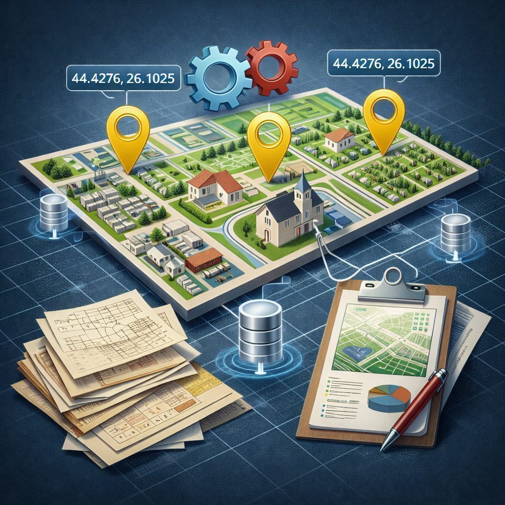 3D map with buildings, roads, and trees marked by three yellow location pins showing coordinates, surrounded by database icons, a stack of papers, and a clipboard with charts and maps.