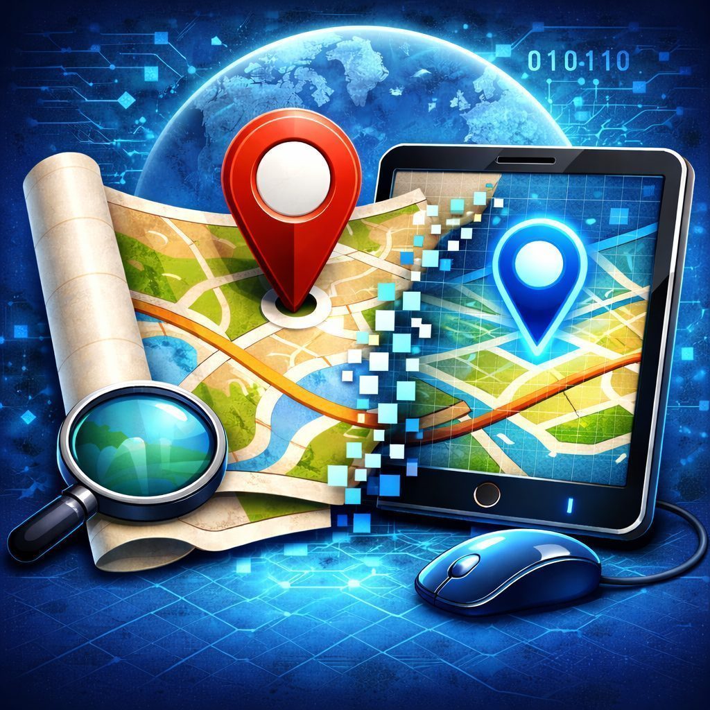 Digital map transitioning from paper to a tablet screen with red and blue location pins, a magnifying glass, and a computer mouse in a futuristic blue setting with a globe in the background.