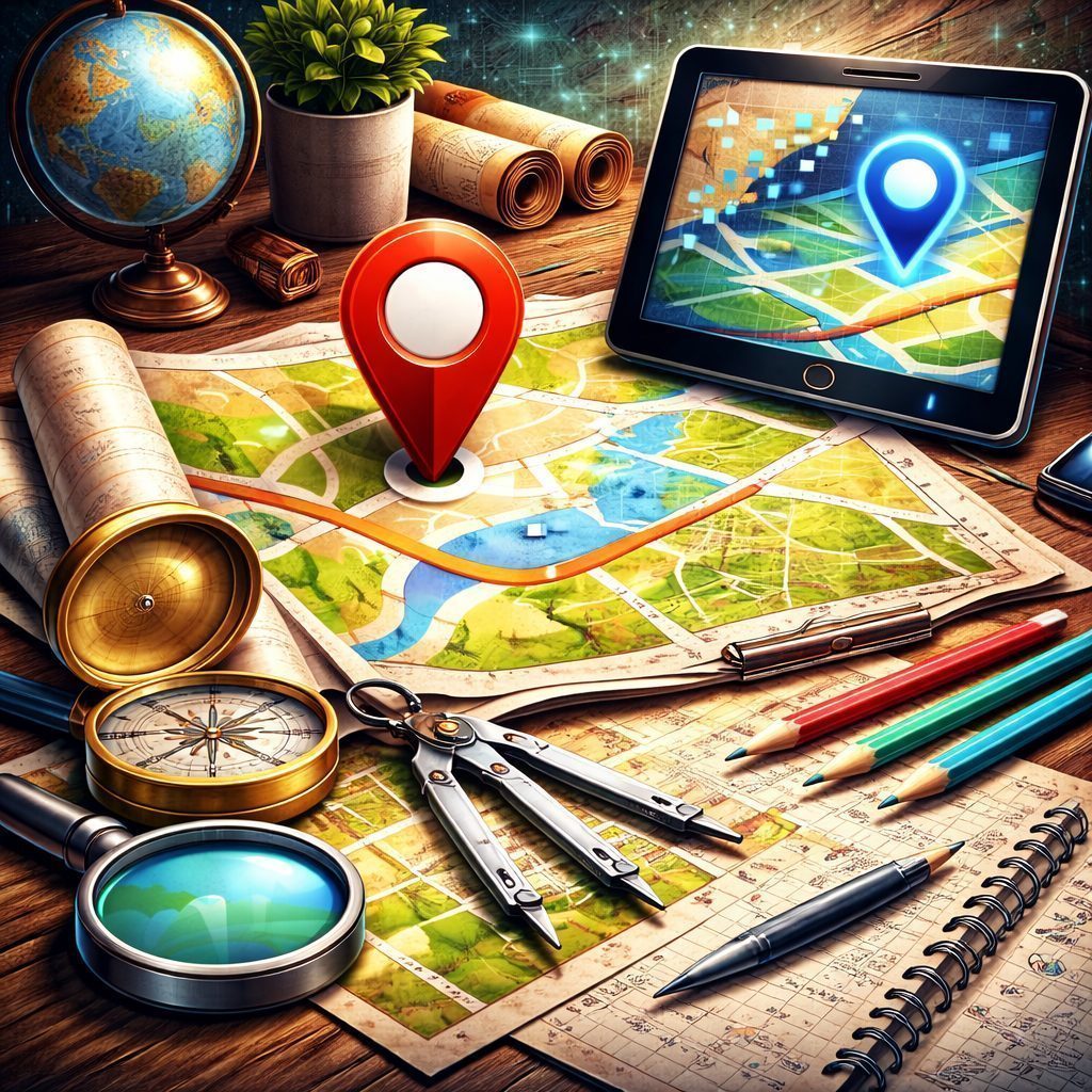 Desktop with a globe, vintage compass, magnifying glass, pencils, pen, drafting compass, rolled maps, and a tablet showing a digital map with location pins.