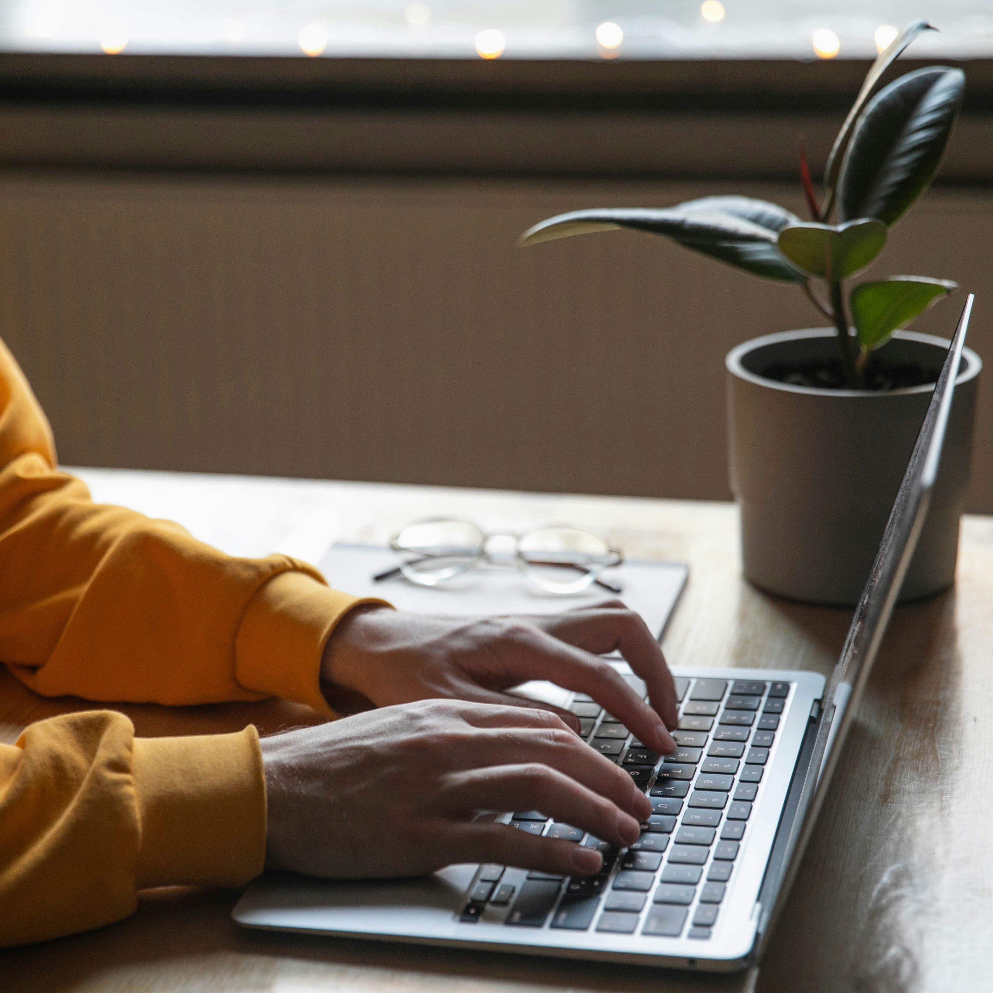 Person wearing a yellow sweatshirt typing on a laptop keyboard beside a pair of glasses and a potted plant.