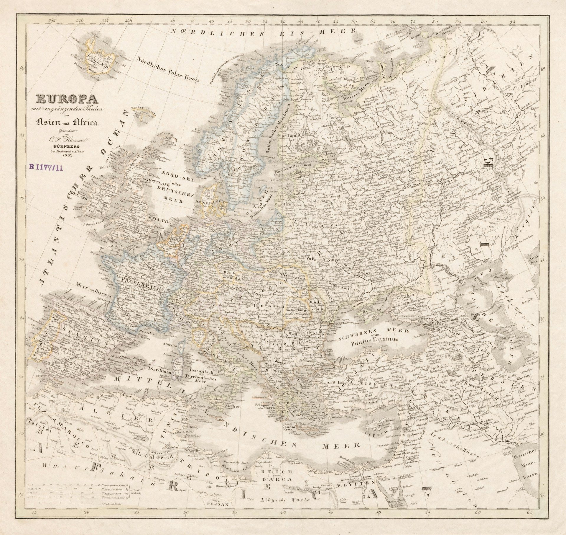 Antique map of Europe with parts of Asia and Africa, showing country borders and place names in German and dated 1832.